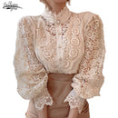 Blusas Mujer De Moda 2022 Spring Hollow Out Lace Shirt Women Office Lady Flower Blouse Stand Collar Button Female Clothing 12419