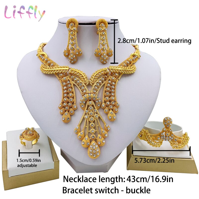 Liffly Luxury Bridal Dubai Jewelry Sets Fashion BraceletRing Wedding Jewelry Sets for Women Necklace And Earrings