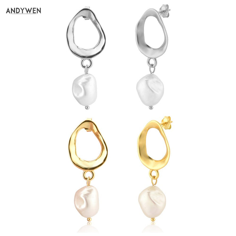 ANDYWEN 925 Sterling Silver Big Pearl Drop Earring Women Fashion Fine Jewelry Gold Luxury Classic Irregular Jewels Piercing Clip