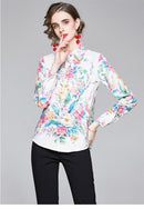Summer Women Slim Blouses Tops Baroque Print Runway Long Sleeve Shirt Ladies Collar Elegant Vintage Office Shirts Work Wear
