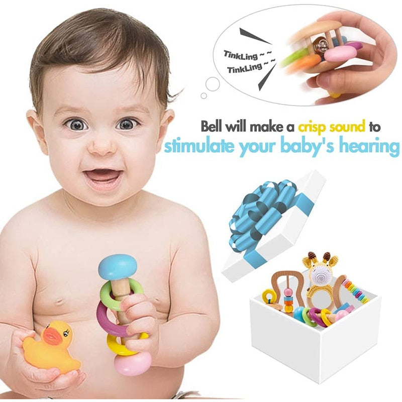 5 STÜCKE Organisches Sicheres Holzspielzeug Baby Montessori Kleinkindspielzeuggriff DIY Häkelrassel Schnullerarmband Beißringspielzeugset Babyprodukt