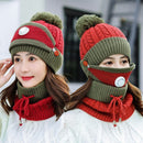 3 unids/set sombreros de invierno para mujeres con máscara de respiración 2 en 1 sombrero de punto niña pompones sombrero cálido añadir piel forrada sombrero de invierno protector