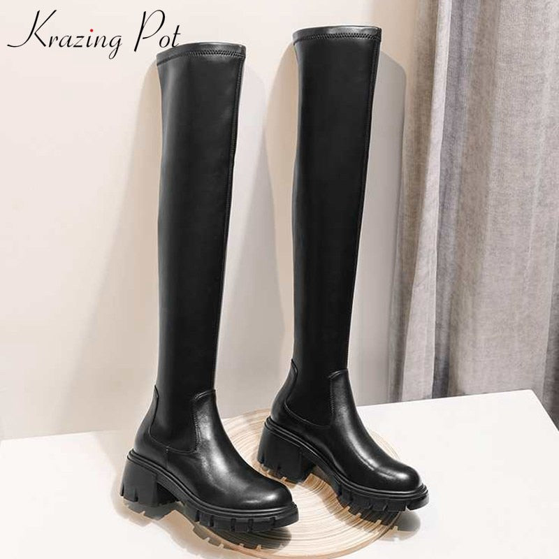 Krazing Pot, botas por encima de la rodilla elásticas de cuero de vaca de gran tamaño, plataforma, punta redonda, tacones altos, invierno, mujeres, botas cálidas hasta el muslo