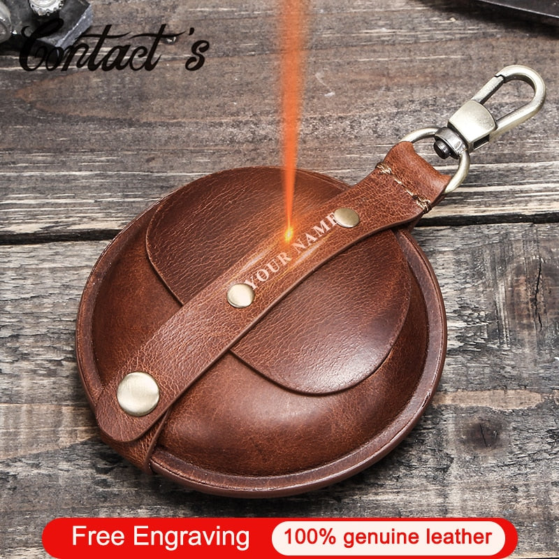 Contact's Crazy Horse Leather Men's Coin Purse Multifunctional Mini Wallet Vintage Small Money Bags for Earphone Free Engraving