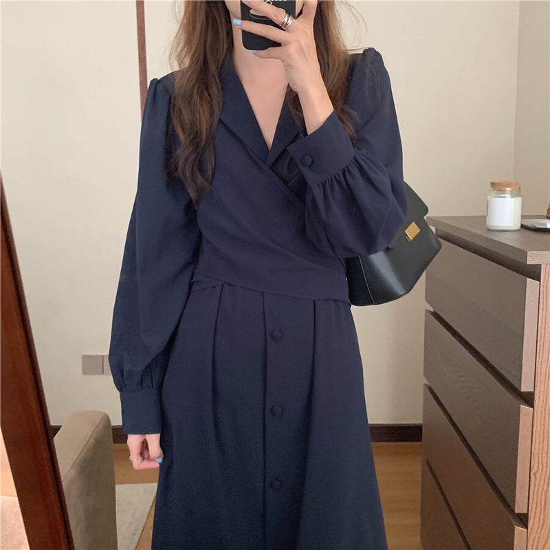 HziriP Notched Single Breasted Women Suit Dress New Minimalist Autumn Dress Elegant OL Long Sleeve Solid Long Dresses Vestidos