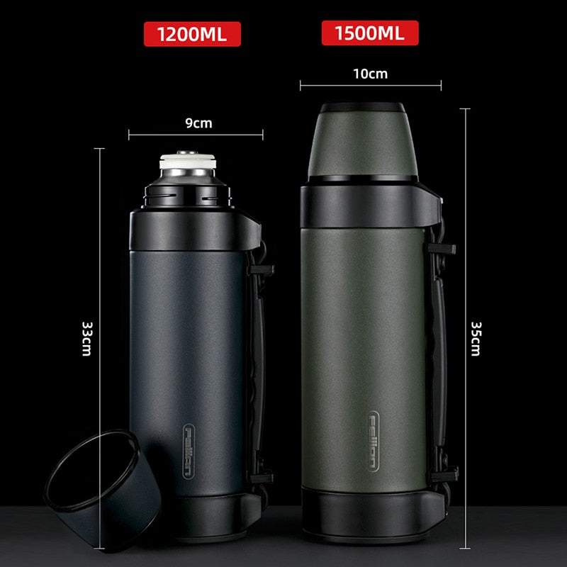 FEIJIAN Military Thermos, Travel Portable Thermos For Tea, Large Cup Mugs for Coffee, Water bottle, Stainless Steel ,1200/1500ML