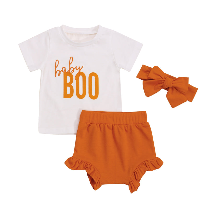 2021-06-04 Lioraitiin 0-3 Jahre Kleinkind Baby Mädchen 3 Stücke Halloween Outfits Kurzarm Brief Drucken Tops Rüschen Shorts Stirnband