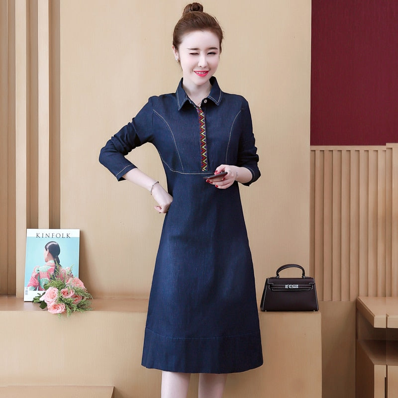 S-5XL Women Denim Dress Spring Autumn New Fashion Printing Blue Dresses Long-sleeve Loose Cotton Mid-length Dress Female