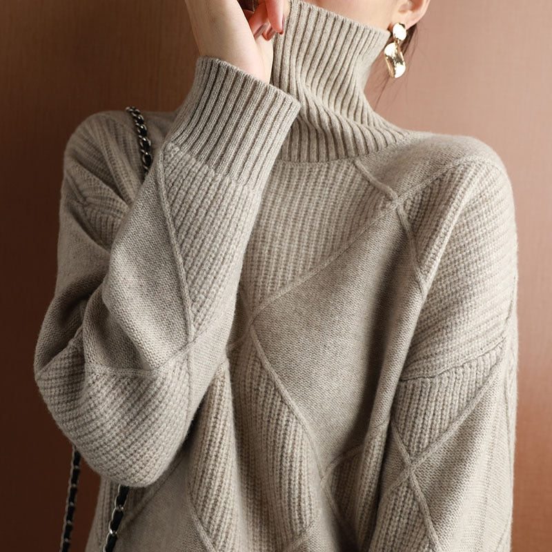 Suéter de Cachemira para mujer, suéter de cuello alto, jersey de cuello alto de punto de color puro, suéter holgado de talla grande de lana pura 100% para mujer