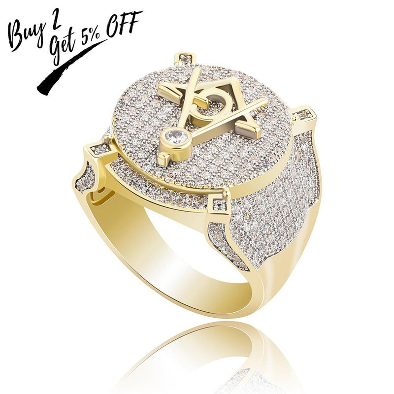 TOPGRILLZ Hip Hop Gold Color Plated Brass Iced Out Micro Pave Cubic Zircon Masonic Ring Charm For Men Gifts With 7 8 9 10 11