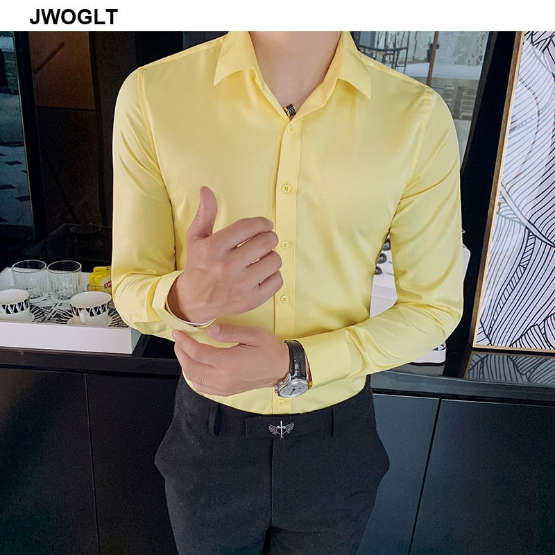 40kg-75kg Tamaño asiático pequeño Moda Nueva camisa para hombre Estilos coreanos Manga larga Slim Fit Amarillo Verde Blanco Casual Social Camisas