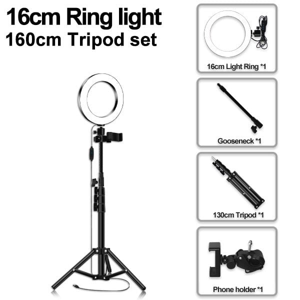 LED Ring Light 16/20/26cm 5600K Dimmable Selfie Ring Lamp With Tripod Phone Holder USB Plug Photo Studio Photography Lighting