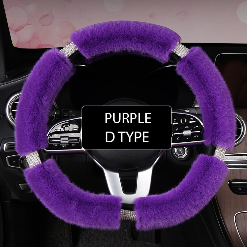 Karcle Fluffy Steering Wheel Cover with Bling Rhinestones Diamond Fur Furry Car Steering Covers Universal 38cm For Women Girl