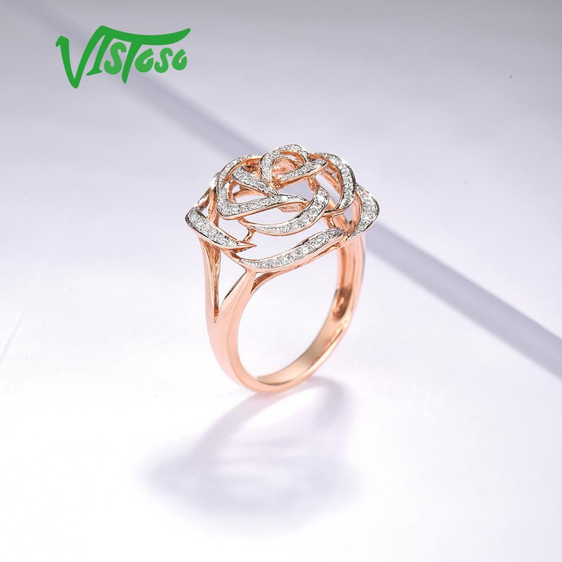 Anillos de oro VISTOSO para mujer, anillo de oro rosa de 14K 585 genuino, anillos de compromiso de promesa de diamantes brillantes, joyería fina de aniversario