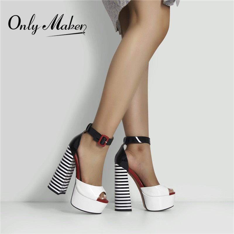Onlymaker Damen Sandalen Plattform Peep Toe Chunky Square Heels Knöchelriemen Sandalen Schwarz-Weiß-Streifen Party Fashion Schuhe