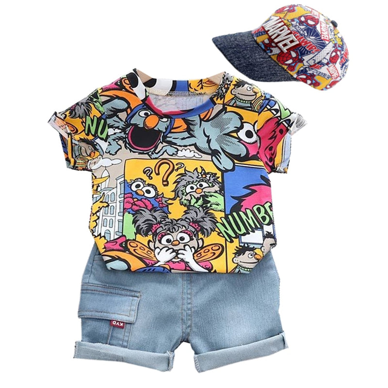 Conjunto de ropa de verano para niños con sombrero para el sol, camiseta de manga corta con grafiti a la moda, conjunto de pantalones cortos de mezclilla, ropa para niños