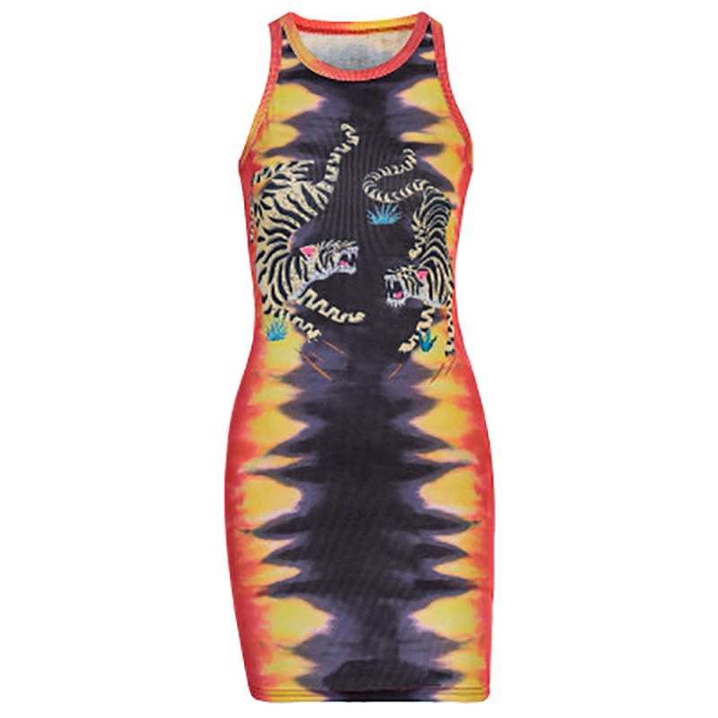 ALLNeon Punk Tie Dye Sleeveless Graphic Mini Dresses Ribbed O-neck Tiger Printing Bodycon Party Dress E-girl Rave Summer Dresses