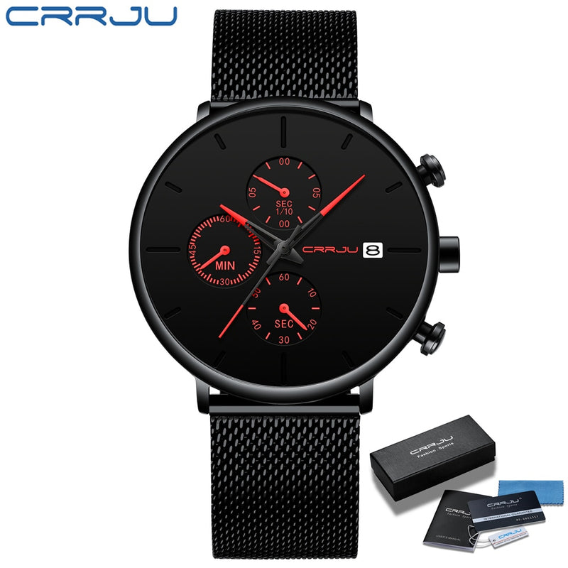 CRRJU Mens Watches Luxury Sport Wrist Watch Unique Design Stainless Steel Auto Date Mesh Strap Men Fashion Casual Quartz Watches