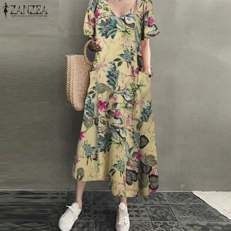 ZANZEA 2022 Women Long Maxi Summer Dress Casual Cotton Linen  Ladies Big Pockets Beach Party Robe Femme Vestidos