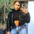 Chaqueta acolchada rosa de PU brillante para mujer, abrigos cálidos de burbujas, Parkas de cuero brillante, chaquetas recortadas con cremallera, Parkas