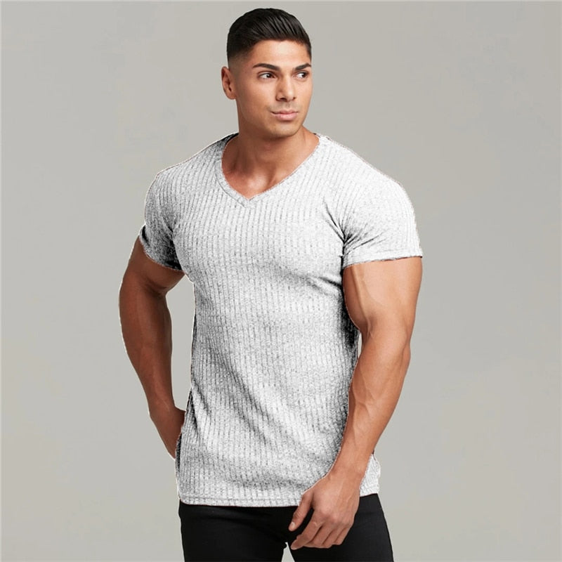 Herren V-Ausschnitt Kurzarm T-Shirt Fitness Slim Fit Sportstreifen T-Shirt Herren Solide Mode T-Shirts Tops Sommer Gestrickte Sportbekleidung