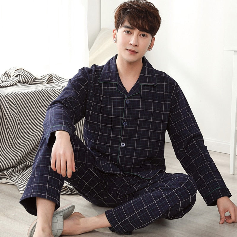 Winter Cotton Men Pajamas Lounge Sleepwear Black Plaid Pijama Man&
