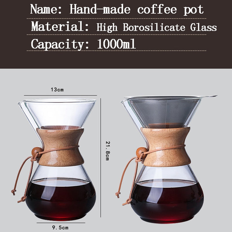 1 STÜCK 1000 ml Glas Kaffeekanne Dripper Moka Teekocher Kaffeemaschine Barista Werkzeuge Espresso Manueller Wasserkocher Teekanne mit Edelstahl