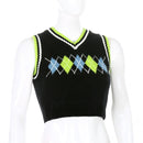 Sweetown Argyle Plaid Knitted Tank Top Female Streetwear Preppy Style New Clothes Stripe VNeck Cropped Knitwear 90s Sweater Vest