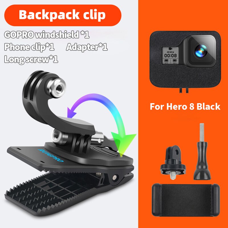 für Go Pro Zubehör 360-Grad-Drehung Rucksacktasche Clipklemme für GoPro Hero11 10 9 8 7 6 5Xiaomi yi für SJCAM SJ4000 Telefon