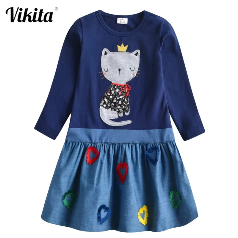 Vestido de algodón para niñas VIKITA, Vestidos con apliques de dibujos animados para niños, ropa informal para niños, Vestidos de retazos de manga larga para niñas