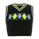 Sweetown Argyle Plaid Knitted Tank Top Female Streetwear Preppy Style New Clothes Stripe VNeck Cropped Knitwear 90s Sweater Vest