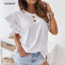 Summer Women Hollow Out Stitching T-Shirt Casual O-Neck Ruffle Short Sleeve Top Elegant White Black 2022 Women&