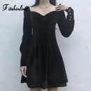 Fitshinling Vintage Gothic Velvet Dress Mujeres Dark A Line Botones Winter Grunge Slim Vestidos Manga larga Black Punk Vestidos Nuevo