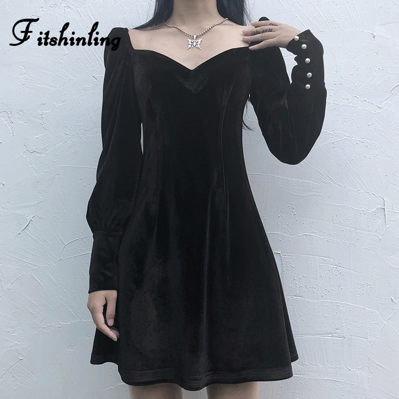 Fitshinling Vintage Gothic Velvet Dress Women Dark A Line Buttons Winter Grunge Slim Vestidos Long Sleeve Black Punk Dresses New