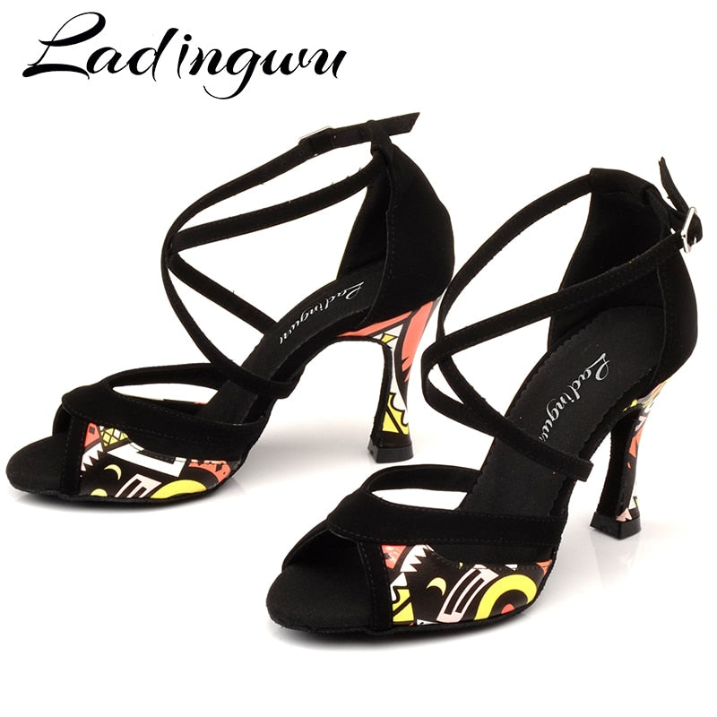 Zapatos de baile latino Ladingwu para mujer, zapatos de baile de Salsa con estampado africano de franela negra y naranja, sandalias de baile de salón para mujer