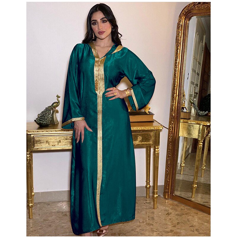 Chilaba árabe musulmán vestido largo sudaderas con capucha Dubai Abaya mujeres trenza adornos marroquí Kaftan Arabia Saudita Jalabiya Ramadán bata champán