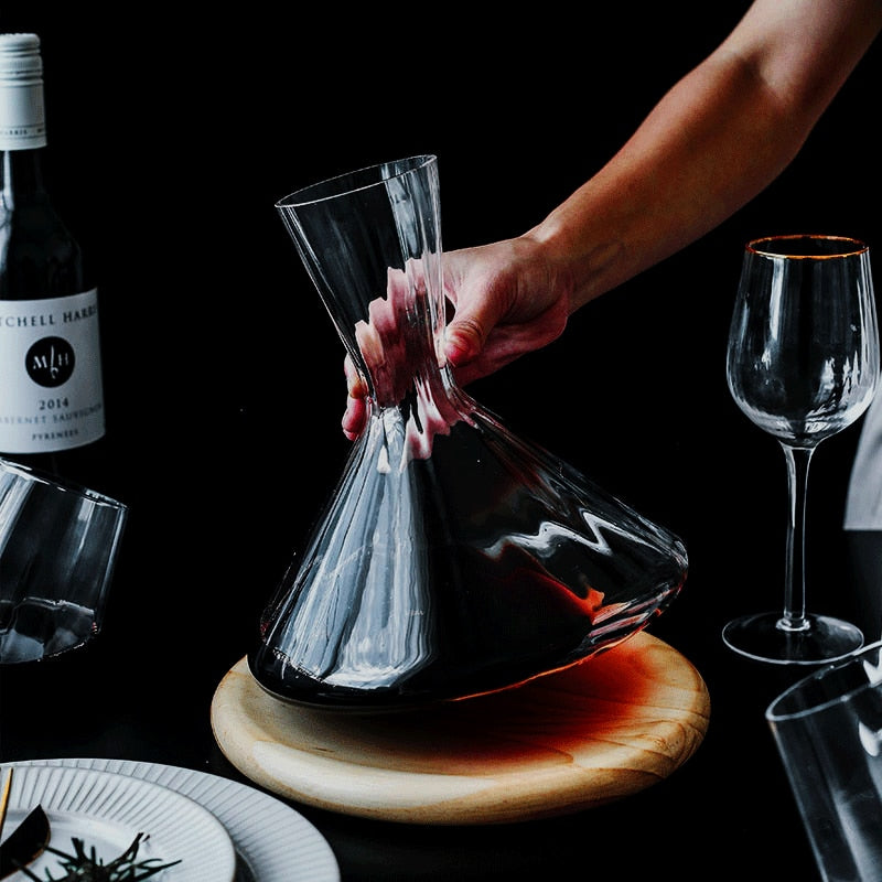 Decantador de vino creativo de 2000ML con bandeja de madera, jarra de cristal soplado a mano para vino, copa de champán, aireador de vino y whisky