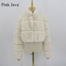 PINK JAVA QC20051 nueva llegada abrigo de piel de moda mujer invierno cálido chaqueta de piel falsa abrigo de piel de conejo de imitación chaleco de piel chaquetas cortas