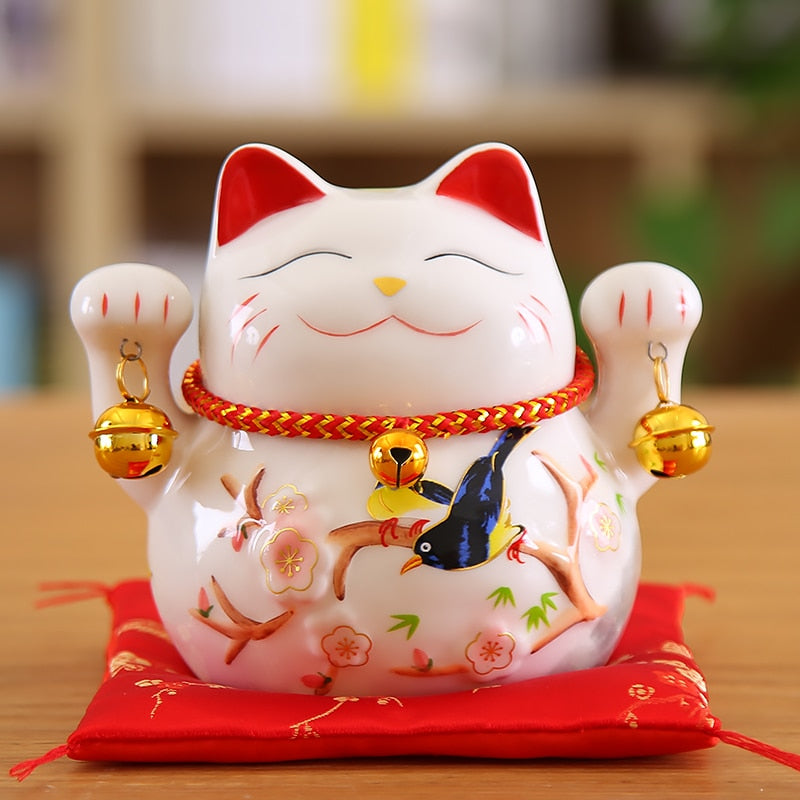 Adorno de gato de la suerte Maneki Neko de 5 pulgadas, estatua de gato de la fortuna de cerámica, regalo decorativo para el hogar, alcancía de gato de señas Feng Shui