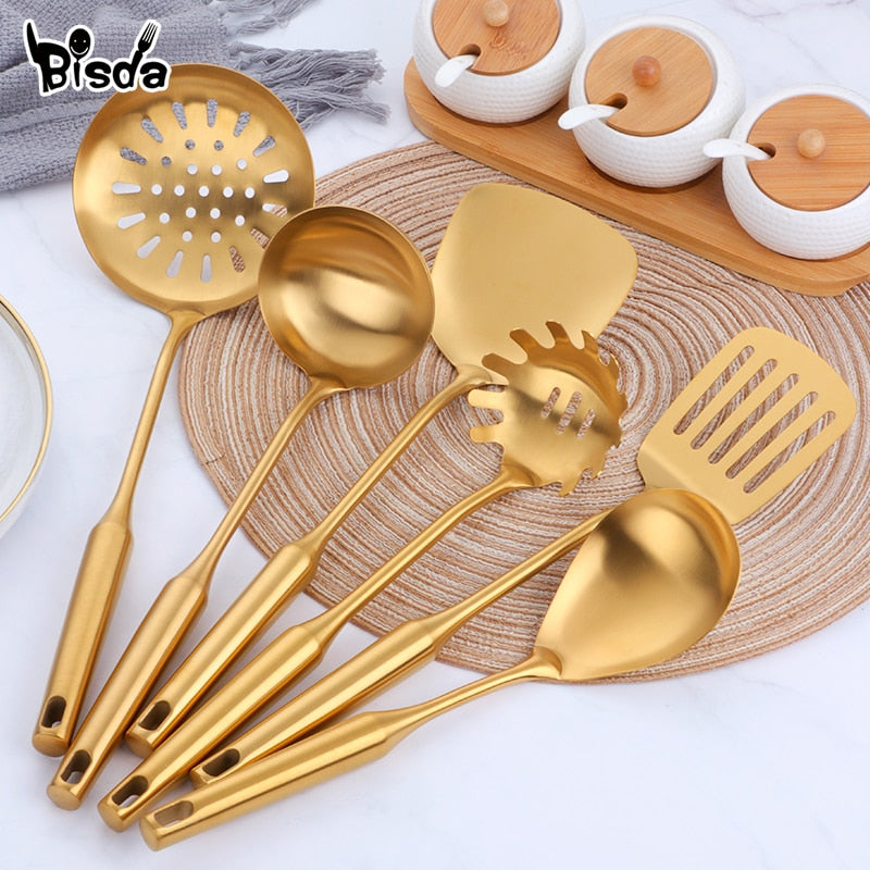 Juego de utensilios de cocina de acero inoxidable de 1/7 Uds., herramientas de cocina de mango largo, tornero ranurado de pulido mate, accesorios de cocina dorados, utensilio