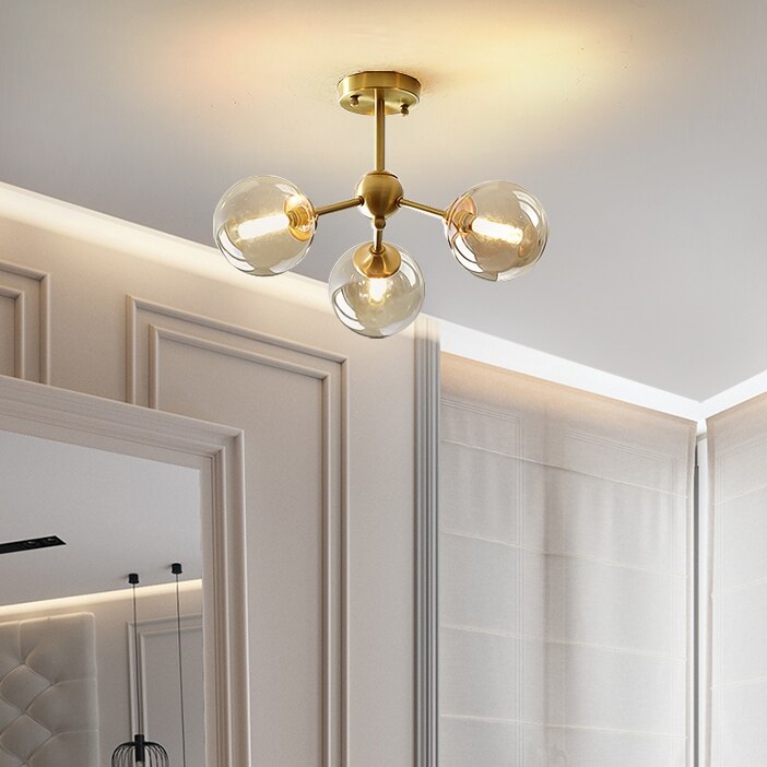 Moderner LED-Kronleuchter aus Kupfer für Esszimmer, Glasbeleuchtung, Schlafzimmer, Cognac-Glaskugel, Restaurant, nordische Wohnzimmer-Hängelampe