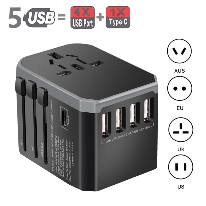 Adaptador de viaje Rdxone Adaptador de corriente universal internacional Todo en uno con 5 USB Cargador de pared mundial para Reino Unido / UE / EE. UU. / Asia