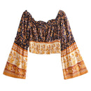 Nuevo bohemio fruncido elástico Slash cuello estampado floral pulóver camisa marrón 2019 mujeres marea arco cintura elástica pantalones 2 piezas conjunto