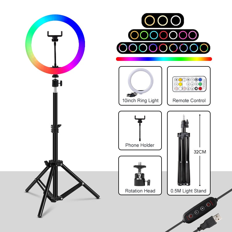 Anillo de luz regulable para Selfie, lámparas LED redondas, USB con soporte para teléfono, soporte de trípode de 1,6 M para Tiktok, luz de vídeo, maquillaje, conjunto de fotografía