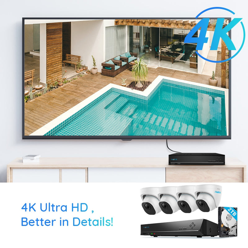 Reolink Smart POE NVR Kit 4K Ultra HD 24/7 Grabación 2TB HDD Presentado con sistema de seguridad para el hogar con detección de humanos/coches RLK8-820D4-A
