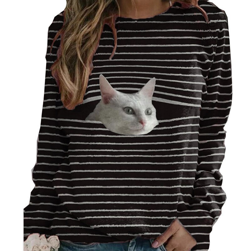 Funny Cute Cat 3D Print Casual Pullovers Women Clothes Spring Autumn Sweatshirts Long Sleeve T-Shirts Lady Clothing Fashion Tops