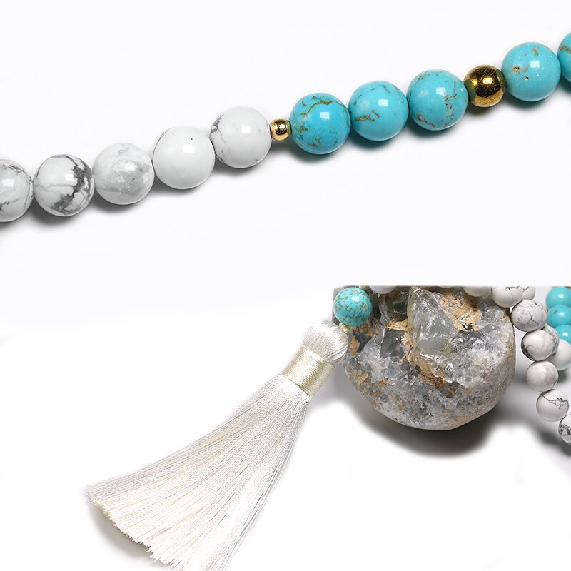 8mm Natural White Howlite Stone Beads and Blue Turquoise Bracelet For Women Men Necklace Sets Meditation 108 Mala Beads Jewelry