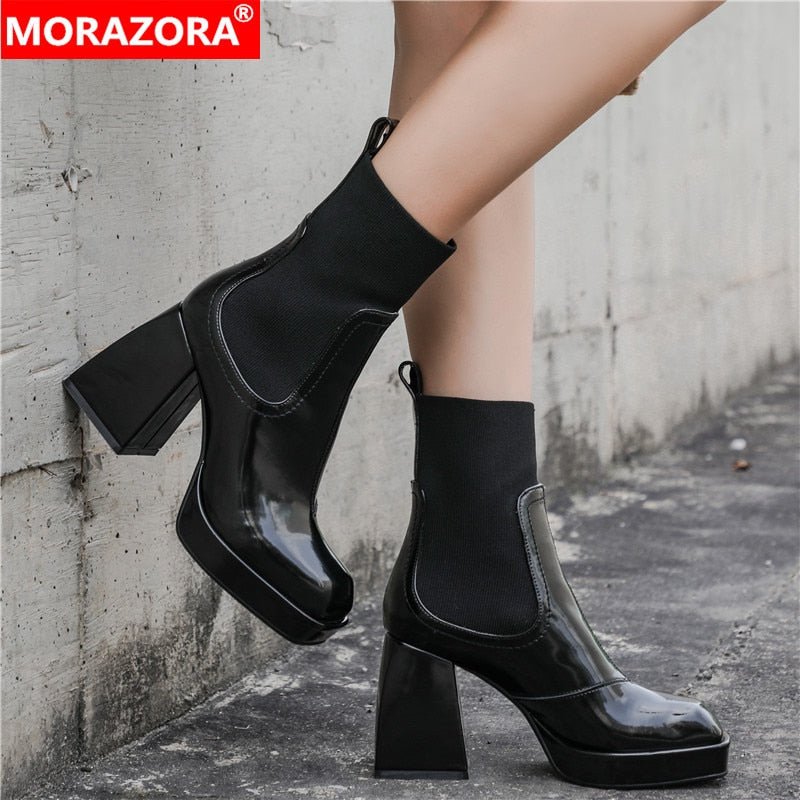 MORAZORA Nature Full Genuine Leather Chelsea Boots Womne Thick High Heels Square Toe Spring Autumn Ankle Boots For Women Botas