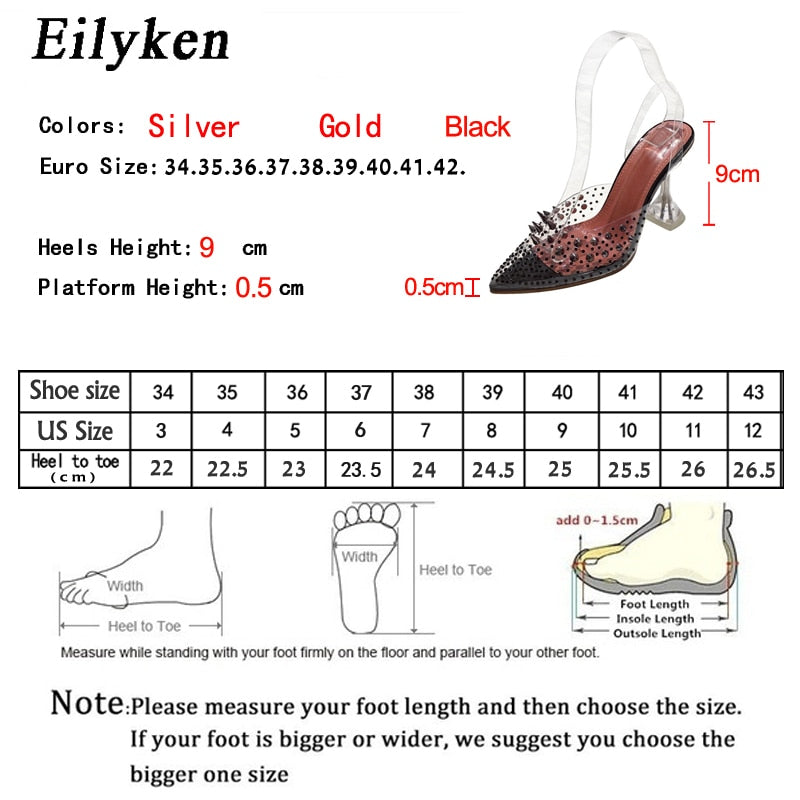 Eilyken 2022 New Gold  Silver PVC Transparent Rivet Diamond Pumps Sandals Perspex Heel Pointed Toe Crystal Silver Wedding Pumps