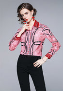 Summer Women Slim Blouses Tops Baroque Print Runway Long Sleeve Shirt Ladies Collar Elegant Vintage Office Shirts Work Wear